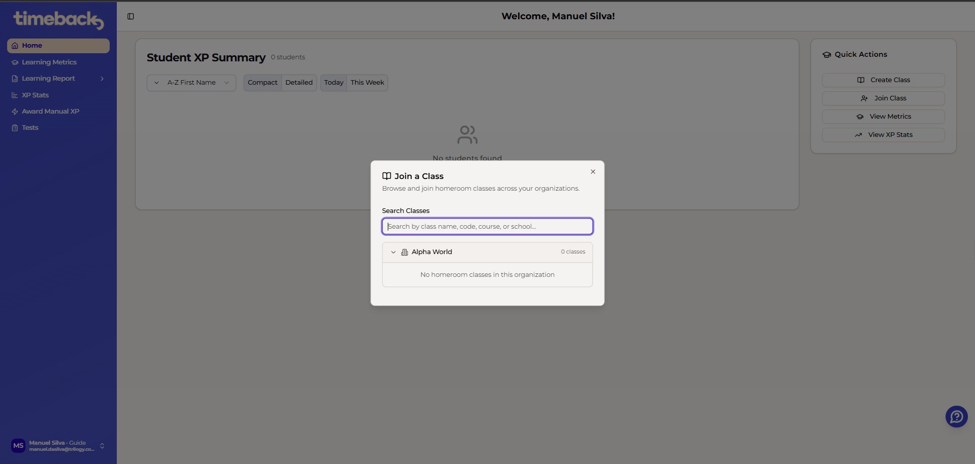 Join a Class dialog showing Alpha World with 0 classes and the warning, No homeroom classes in this organization.