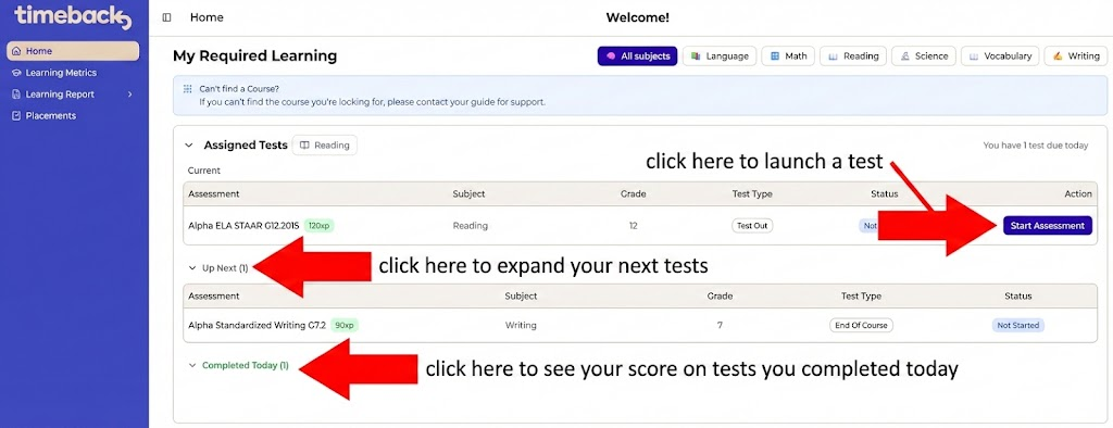 Assigned Tests in TimeBack showing Up Next (1)